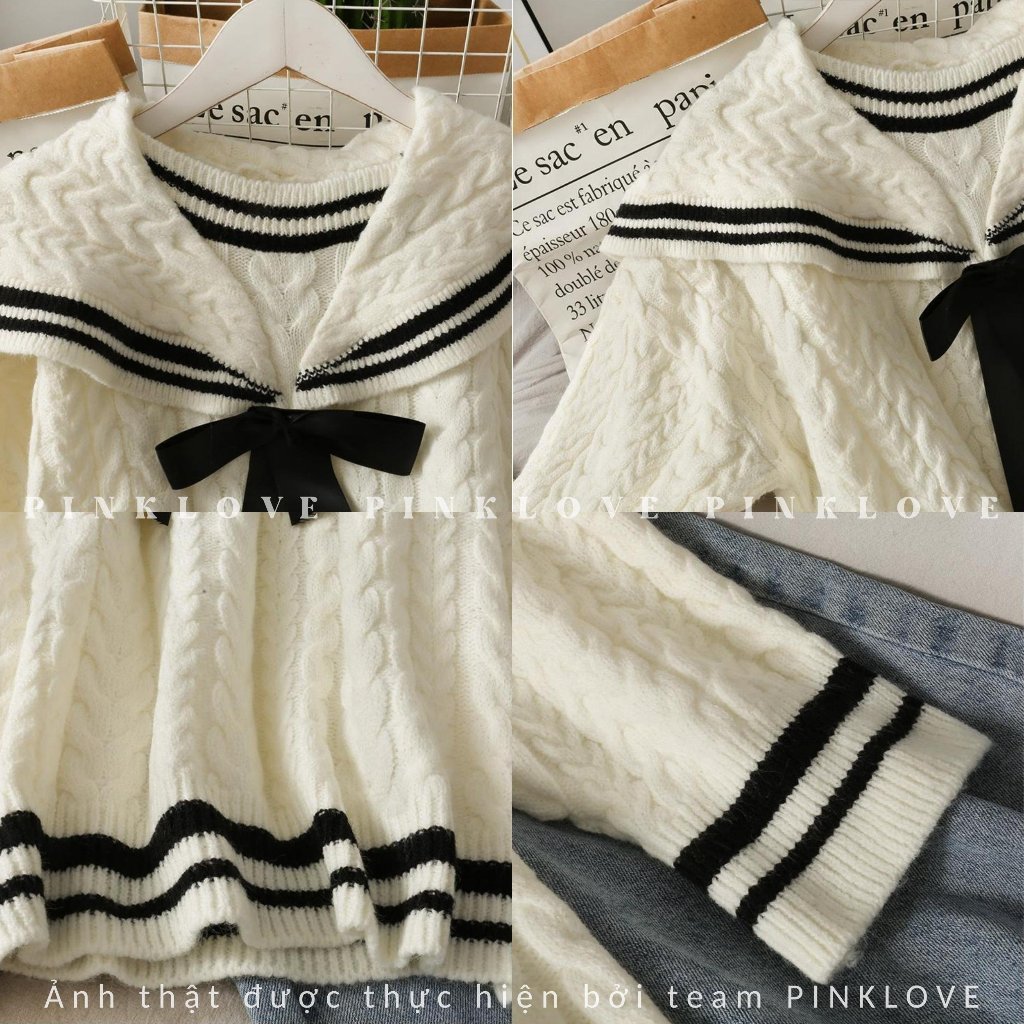 Đồ đôi áo len cặp nam nữ màu trắng kem Thuỷ Thủ đi Đà Lạt PINKLOVE tặng kèm nơ vải len thừng dày đẹp P012