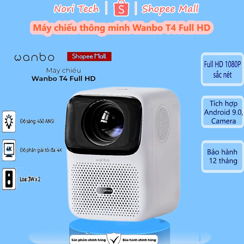 Máy chiếu thông minh Wanbo T4 Full HD Android 9.0, tích hợp camera, tự động lấy nét - Bảo hành chính hãng