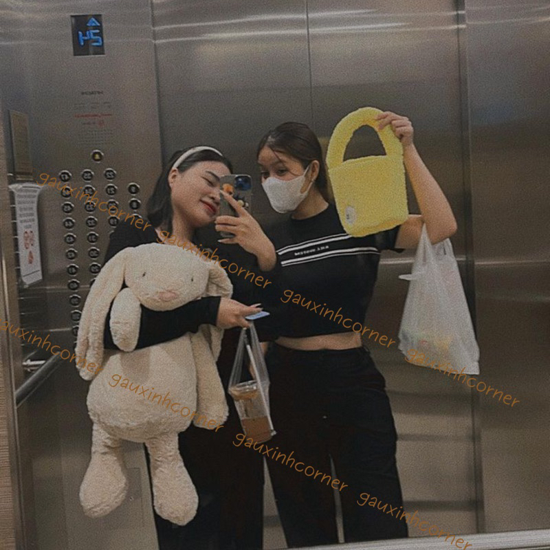 Thỏ bông tai dài cao cấp lông mịn to 60cm kèm yếm hoa dễ thương thú nhồi bông đồ chơi quà tặng| Gauxinhcorner