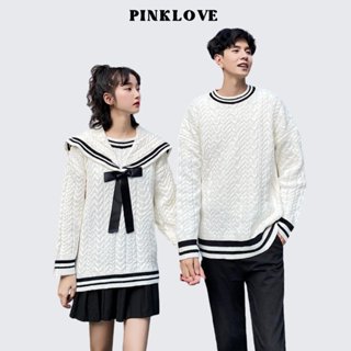 Áo len đôi nam nữ Thuỷ Thủ màu trắng kem mặc đi đà lạt chụp hình couple PINKLOVE chất len dày dặn P012