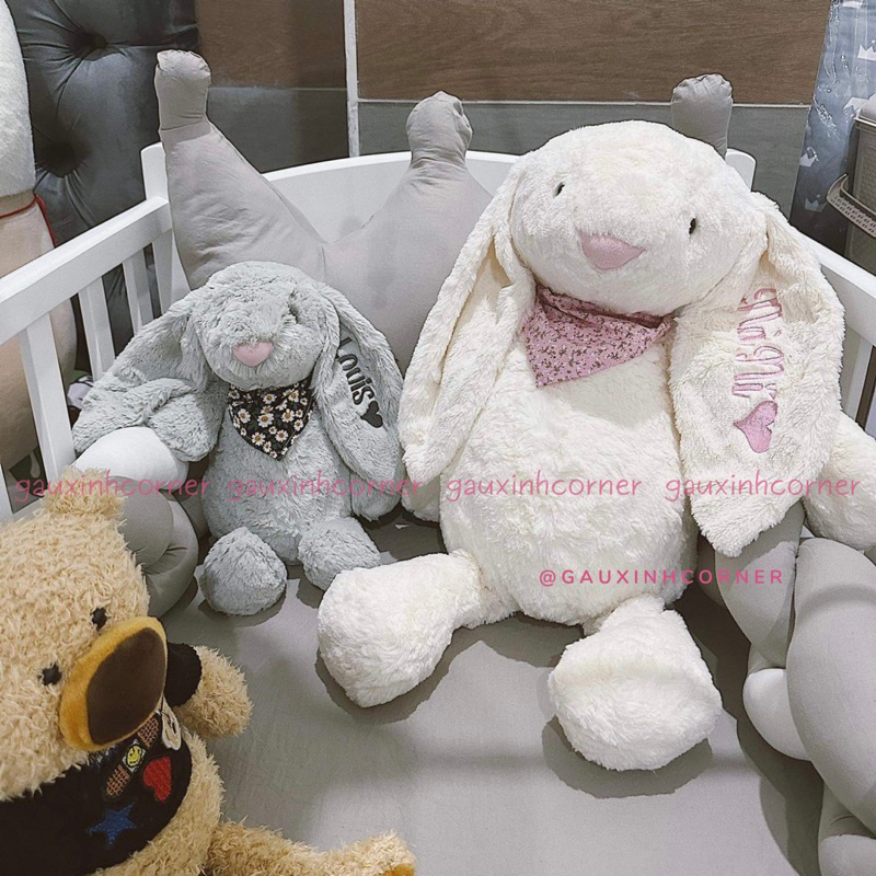 Thỏ bông tai dài cao cấp lông mịn to 60cm kèm yếm hoa dễ thương thú nhồi bông đồ chơi quà tặng| Gauxinhcorner
