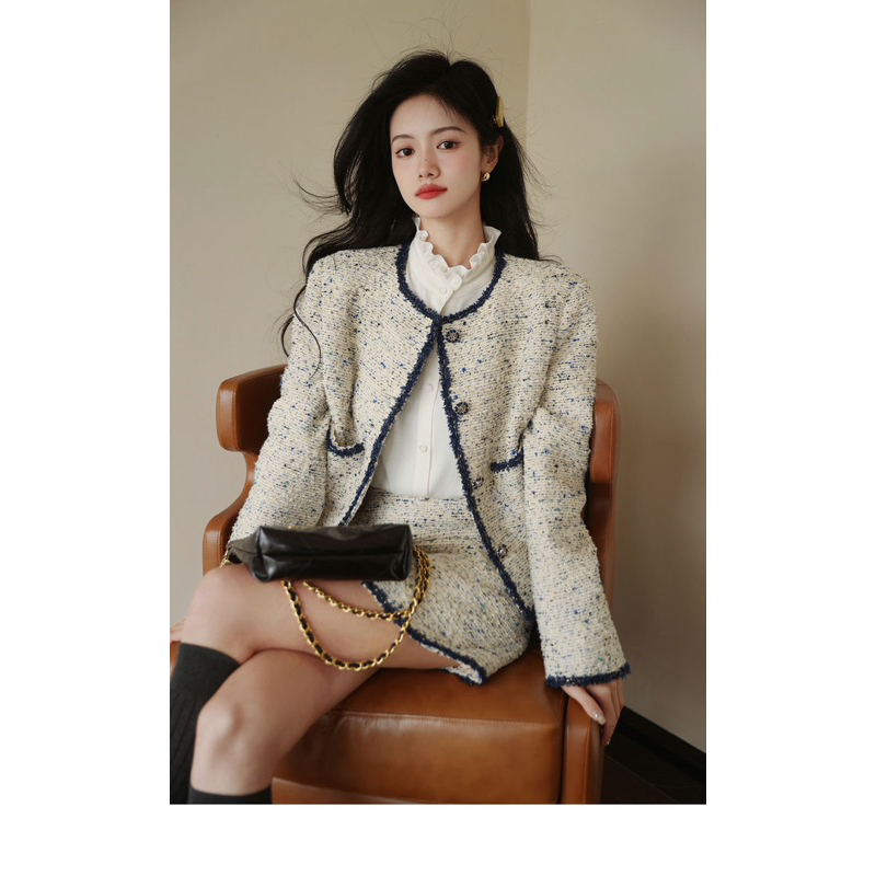 Bộ đồ dạ tweed Nữ phối viền sang trọng thiết kế công sở kiểu dáng tiểu thư áo khoác mới