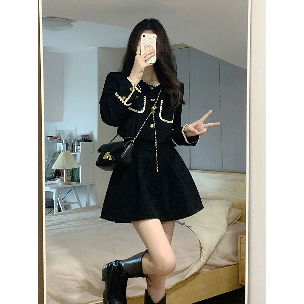 Set đồ nữ - Váy nhung đen viền ren mix với chân váy chữ A đính cúc đồng phong cách Tây Âu gin62.store