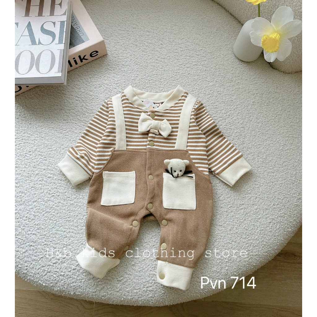 BODY ZIP LÔNG kẻ ngang đính nơ cổ cực yêu cho bé