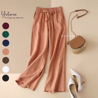  Nhiều màu quần dài linen ống rộng lưng thun cột dây cao cấp YOLINEN QD04 cam đào 