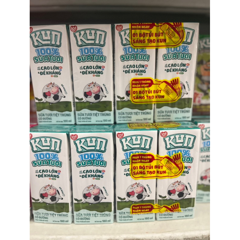Thùng Sữa Kun tươi vui có đường thùng 48 hộp x 180ml Tăng Túi Bút