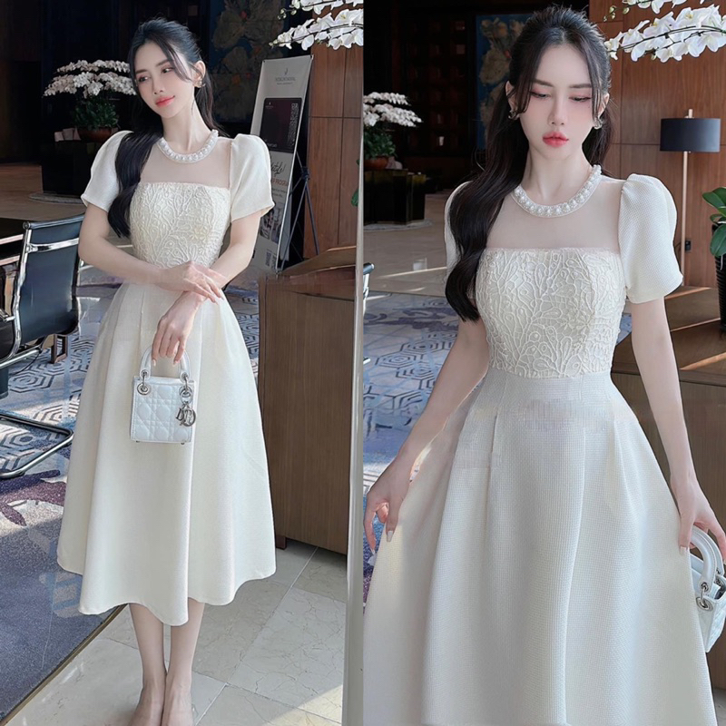 Váy dạ viền cổ cườm dáng xoè tay cộc, đầm dạ kem
