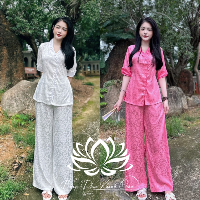 Set Bộ Pháp Phục Gấm Hoa - Bộ Lam Gấm Đi Chùa Cổ Tim Nút Bọc