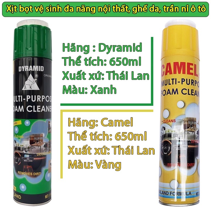 Chai xịt bọt vệ sinh đa năng nội thất, ghế da, trần nỉ ô tô DYRAMID / CAMEL 650ML mùi thơm dễ chịu