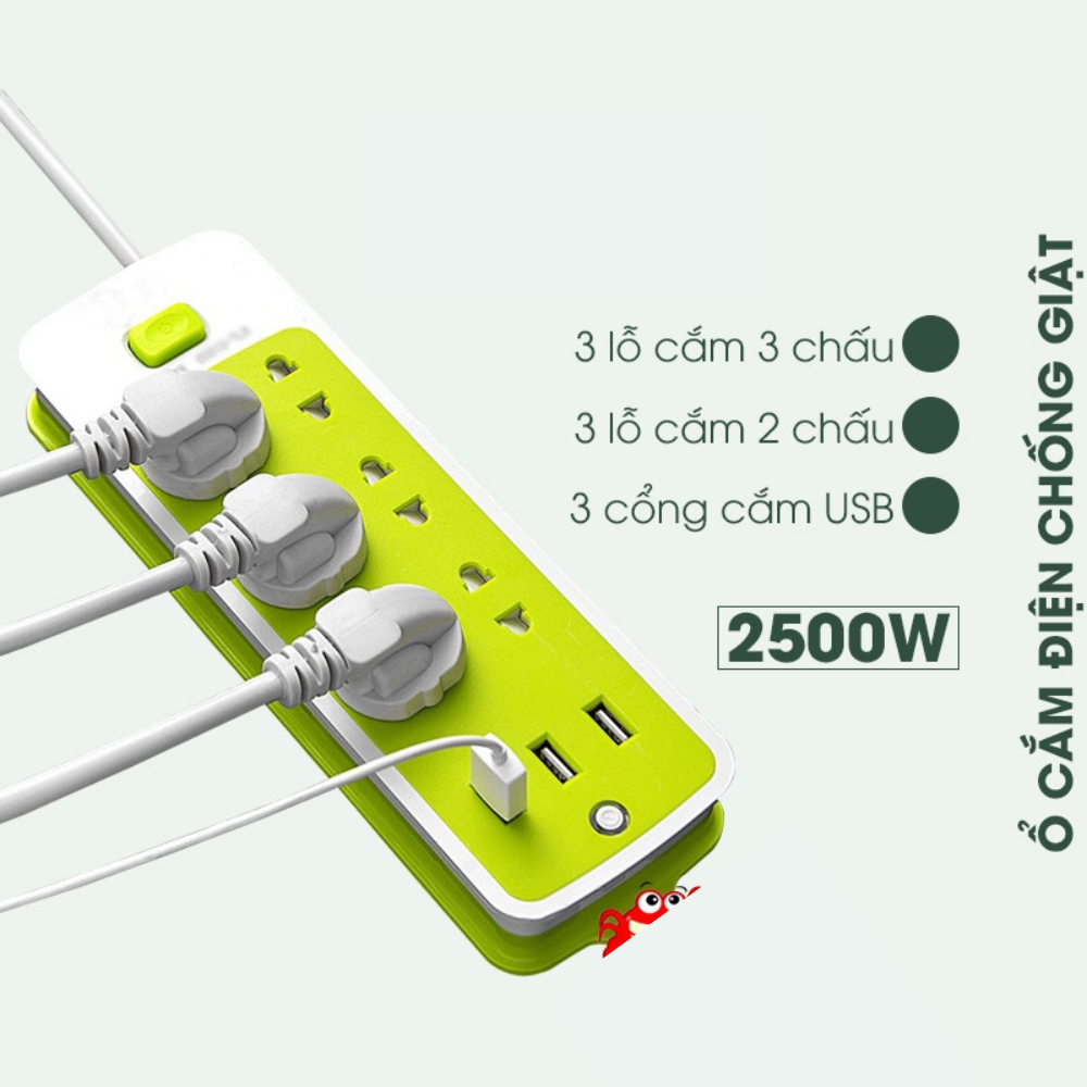 Ổ Cắm Điện USB Đa Năng Cao Cấp Chống Giật Dây Dài 4m, 2 Cổng Cắm USB Công Suất 2500W Có Chốt An Toàn Tiện Dụng