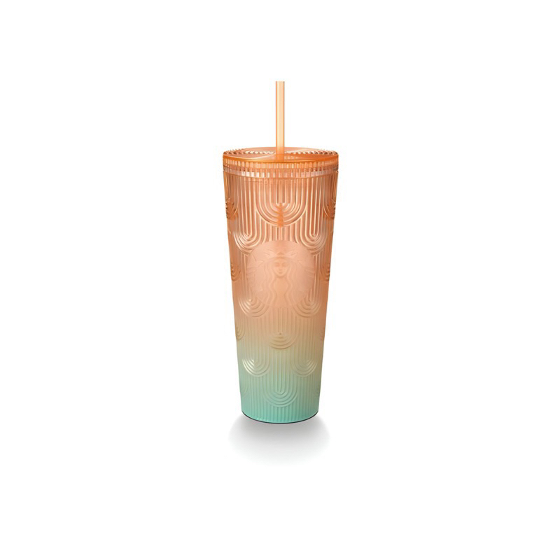 LY STARBUCKS COLD CUP 24OZ  PLASTIC GRADIENT ORAGE GREEN WAVE