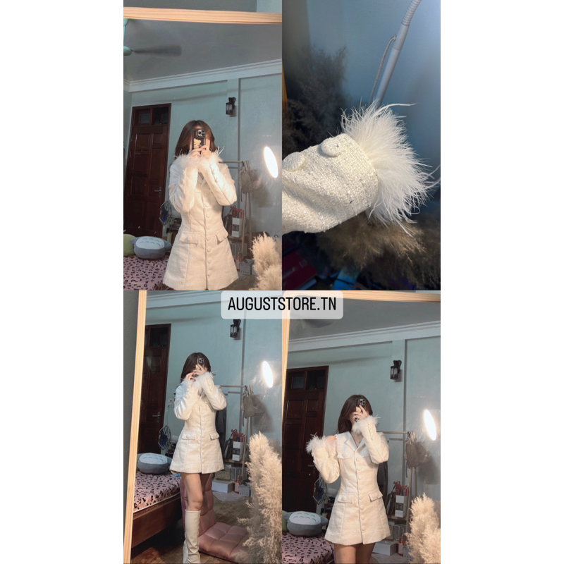 Váy dạ tweed Y.S.L phim Celebrity, cúc bọc tay phối lông vũ sang chảnh