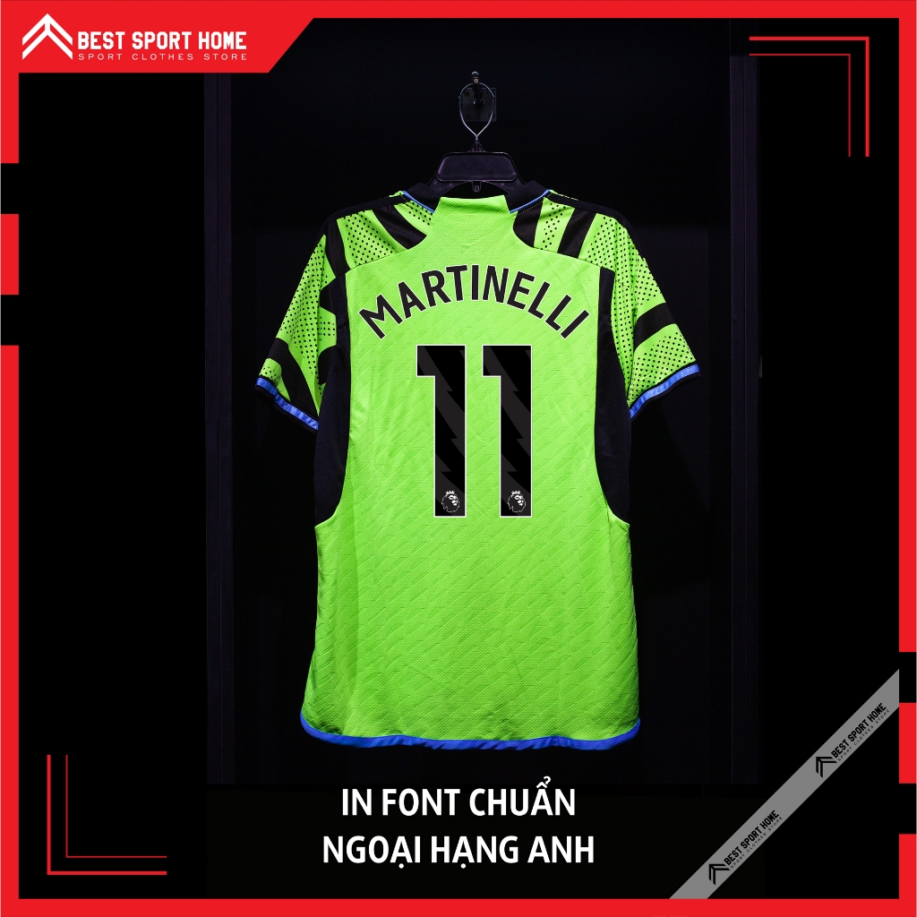 Set quần áo bóng đá Arsenal sân khách Logo thêu 2023/24 - Vải Climacool màu xanh lá form Âu - In ấn tên số theo yêu cầu