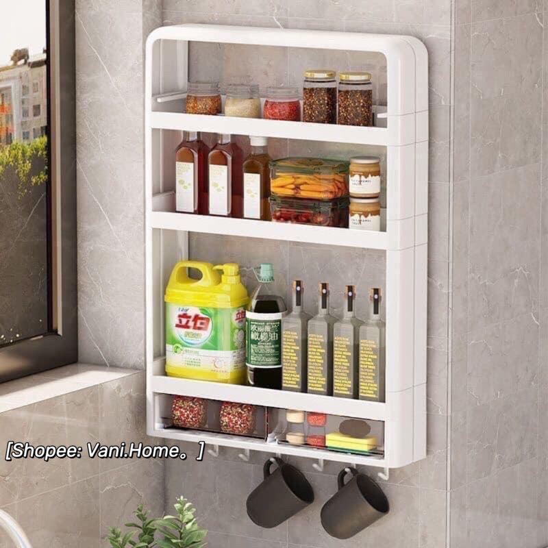 Kệ đựng gia vị 4 tầng treo tường màu trắng đa năng kèm móc tiện lợi - Kệ để đồ nhà bếp nhà tắm thông minh