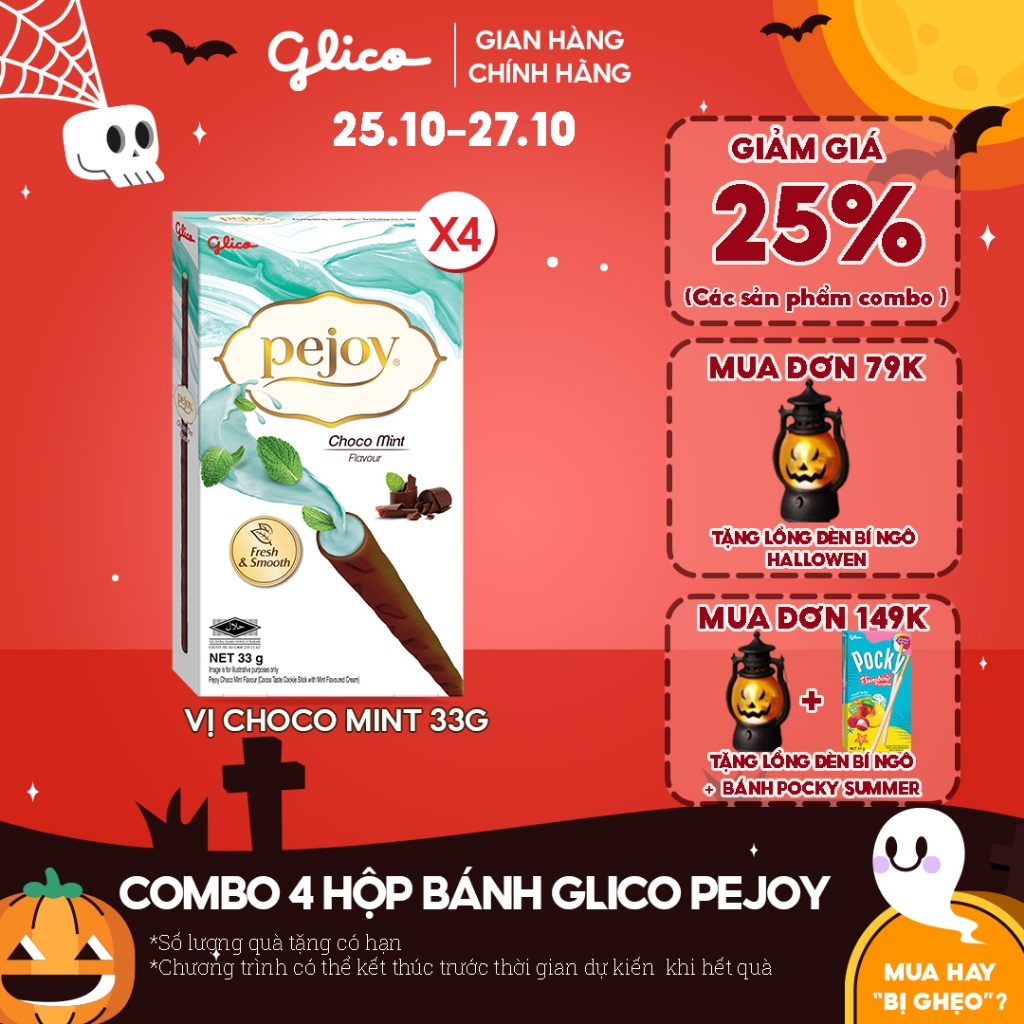 Combo 4 hộp Bánh que nhân kem Glico Pejoy vị Choco Mint 33gr