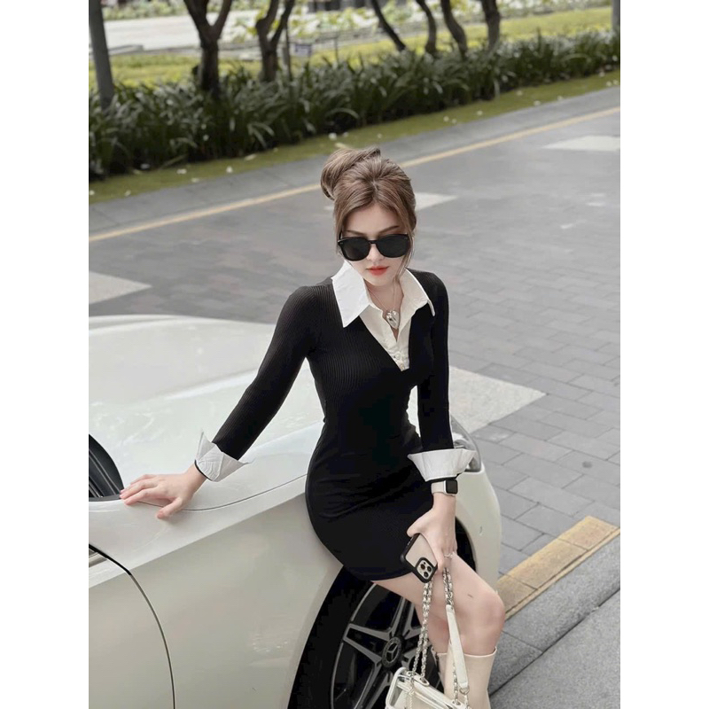 Váy Đen Body Thiết Kế Cổ Sơ Mi Dáng Ngắn