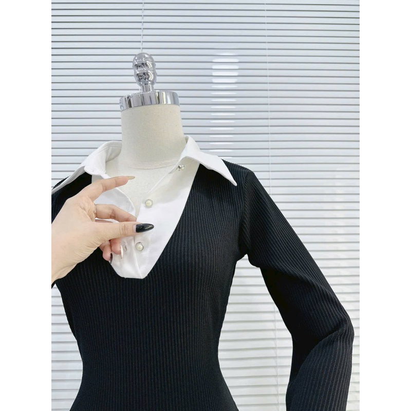 Váy Đen Body Thiết Kế Cổ Sơ Mi Dáng Ngắn