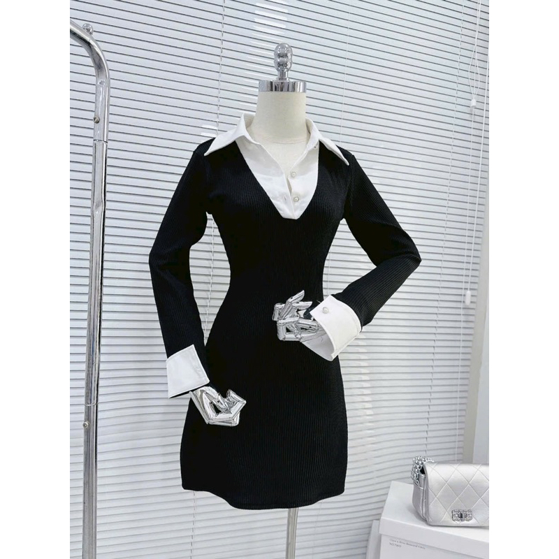 Váy Đen Body Thiết Kế Cổ Sơ Mi Dáng Ngắn