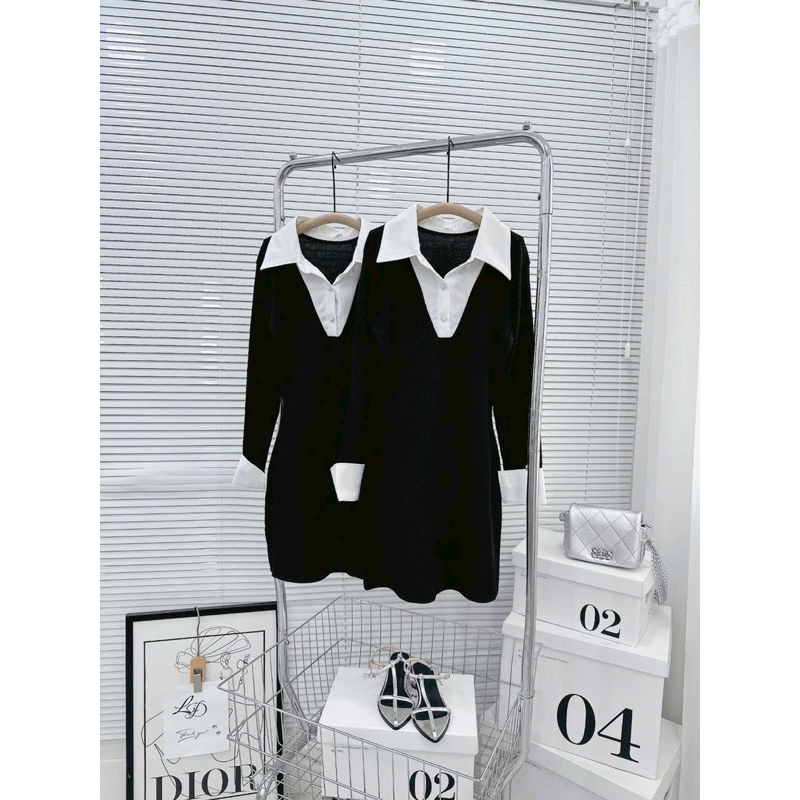 Váy Đen Body Thiết Kế Cổ Sơ Mi Dáng Ngắn