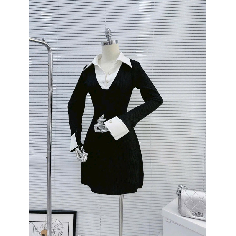 Váy Đen Body Thiết Kế Cổ Sơ Mi Dáng Ngắn