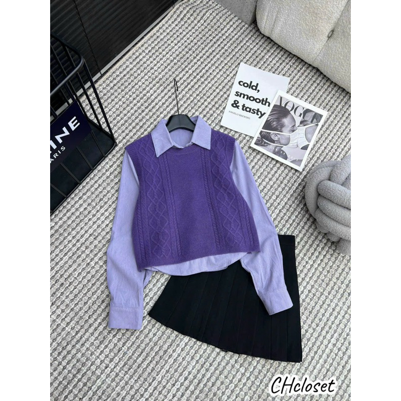 Áo sơmi thô kèm ghile len màu siêu hách tuổi