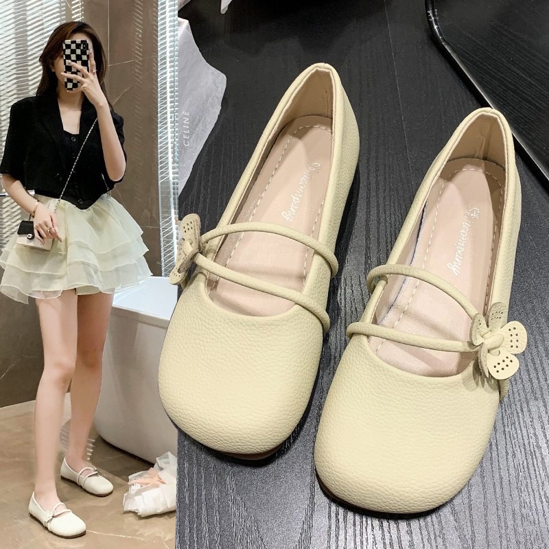 Giày bệt búp bê mũi tròn đế dẻo da mềm quai ngang hàng QC