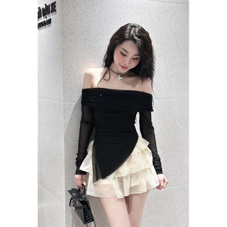 Set áo đen trễ vai tà xéo + chân váy tầng