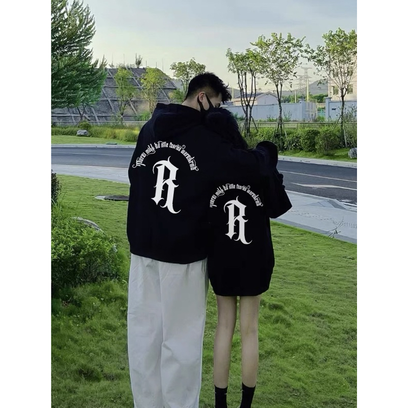 Áo nỉ bông Hoodie mũ chữ R hai màu đen trắng, áo nỉ đông nam nữ, áo nỉ đông đủ size đẹp ấm dày dặn