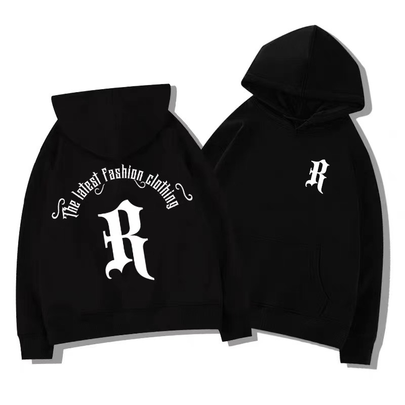 Áo nỉ bông Hoodie mũ chữ R hai màu đen trắng, áo nỉ đông nam nữ, áo nỉ đông đủ size đẹp ấm dày dặn