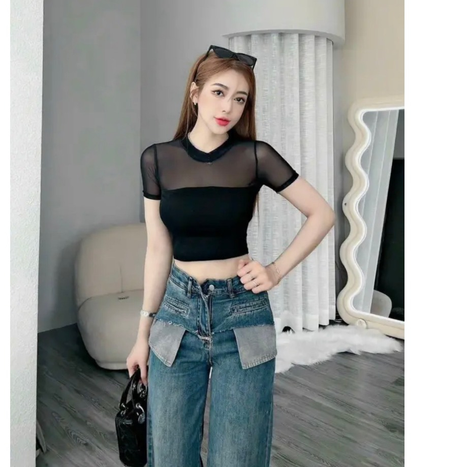 Áo kiểu xuyên thấu Thunca.Store vải lưới mềm mịn A345