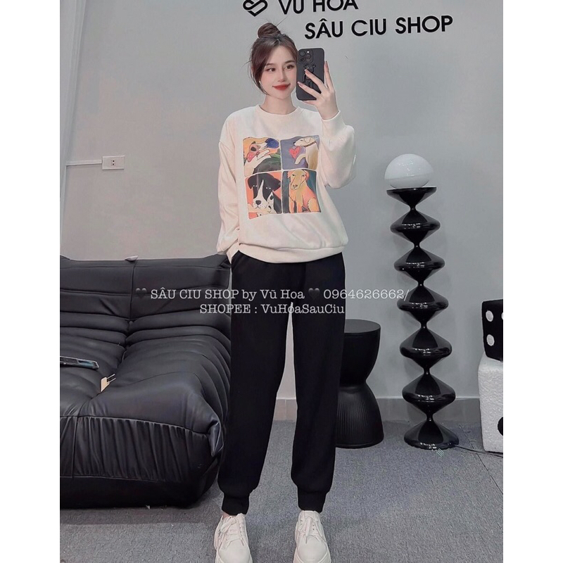 Maihuong⚡️SÉT NỈ CÚN HÌNH THÚ NHUNG TĂM MÀU BE QUẦN ĐEN CHO NỮ