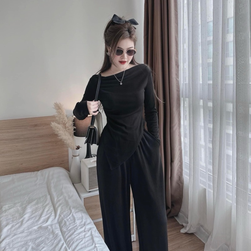 Set áo thun tay dài nhún eo và quần dài ống rộng