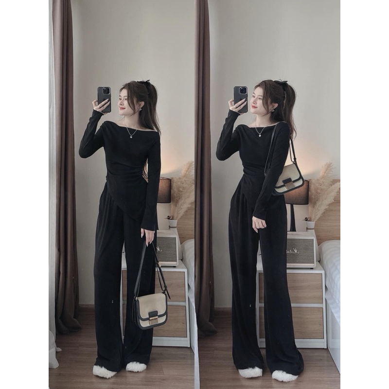 Set áo thun tay dài nhún eo và quần dài ống rộng