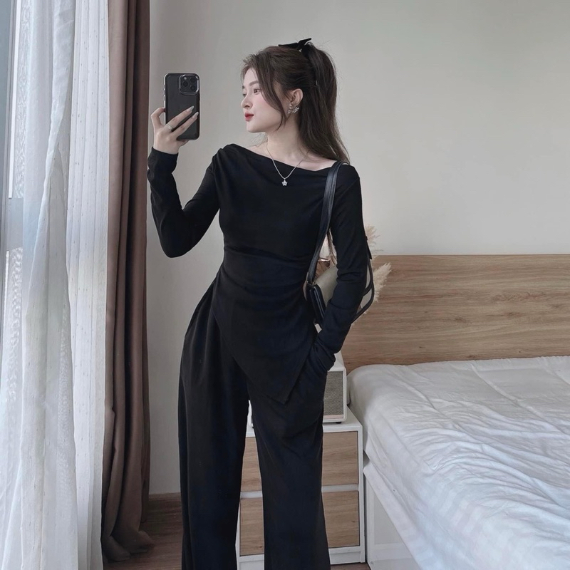 Set áo thun tay dài nhún eo và quần dài ống rộng