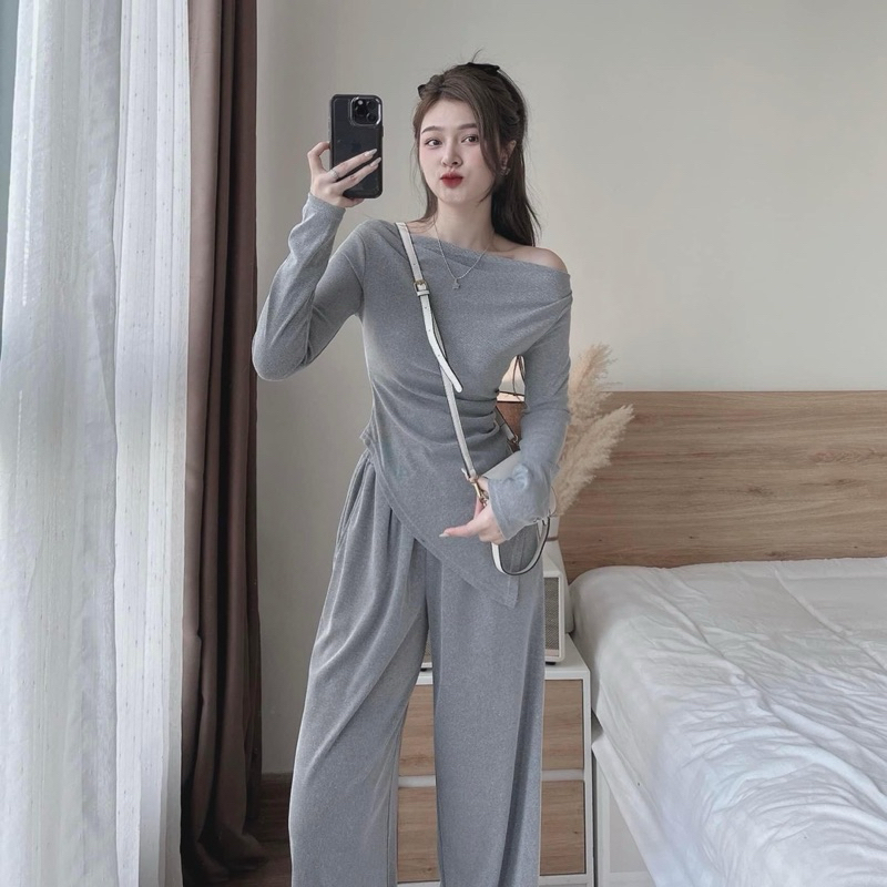 Set áo thun tay dài nhún eo và quần dài ống rộng