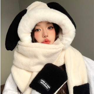 Mũ len lông cừu MARY mũ len trùm đầu kèm khăn quàng cổ tai thỏ nón len tai mèo cute