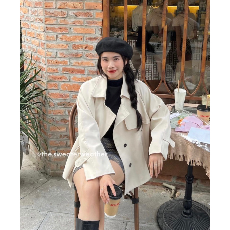 Áo khoác nữ, Áo mangto dáng vừa kèm đai tay suông phong cách Hàn Quốc