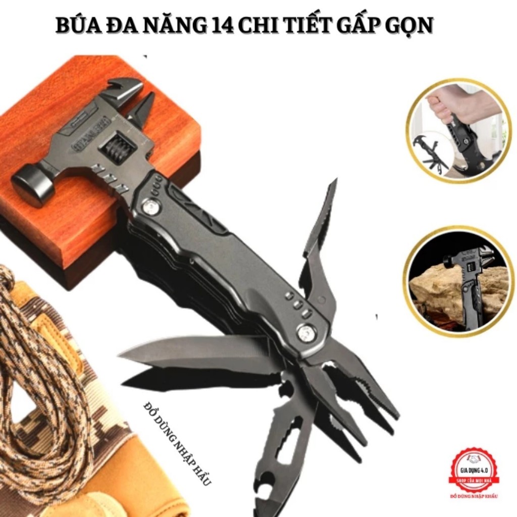 Dụng cụ 16in1 Búa kiêm kìm, mỏ lết, tua vít, dao, cưa đa năng - Dụng cụ đi phượt, cứu hộ, cắm trại khẩn cấp