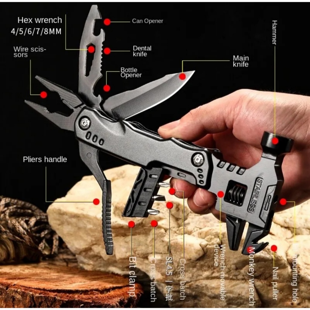 Dụng cụ 16in1 Búa kiêm kìm, mỏ lết, tua vít, dao, cưa đa năng - Dụng cụ đi phượt, cứu hộ, cắm trại khẩn cấp