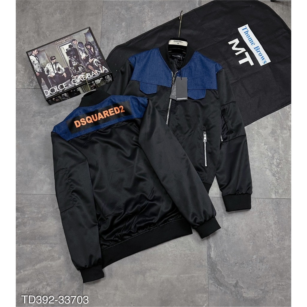 Áo khoác gió bomber DSQ chữ vàng siêu hot hit-Áo khoác thu đông vá vải xanh 2 vai siêu đẹp