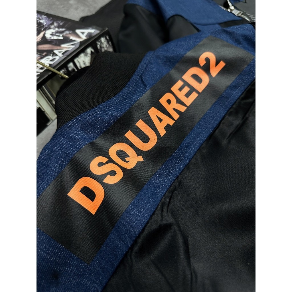 Áo khoác gió bomber DSQ chữ vàng siêu hot hit-Áo khoác thu đông vá vải xanh 2 vai siêu đẹp