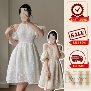  Váy cổ yếm trễ vai lông vũ cao cấp cực xinh - Đầm yếm tay bồng lông vũ hai màu kiều nữ 2 lớp babydoll 