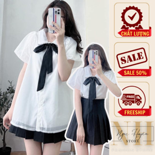 💖FREESHIP💖Áo sơ mi cổ ren kèm nơ - Áo babydoll tơ 2 lớp, cổ viền ren kèm nơ - Ngọc Huyền Store