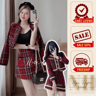 [FREESHIP] Set dạ tweed nữ kẻ đỏ viền nhung mùa đông kèm chân váy dạ kiểu dáng tiểu thư Hàn Quốc mặc Tết