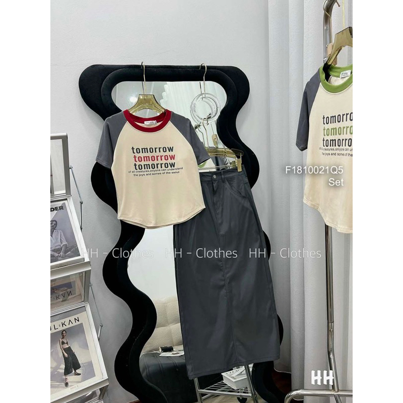 Set bộ áo thun croptop tay ngắn in chữ phối chân váy dáng dài sang trọng VIENS STORE