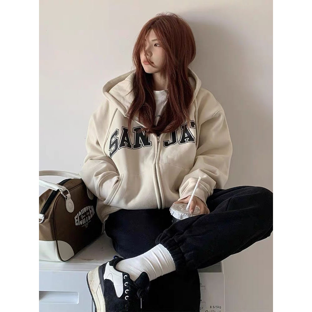 A29-Hoodie Zip - Áo Khoác Nỉ Bông Form Rộng Unisex In Chữ SANJATI Thời trang unisex 2023