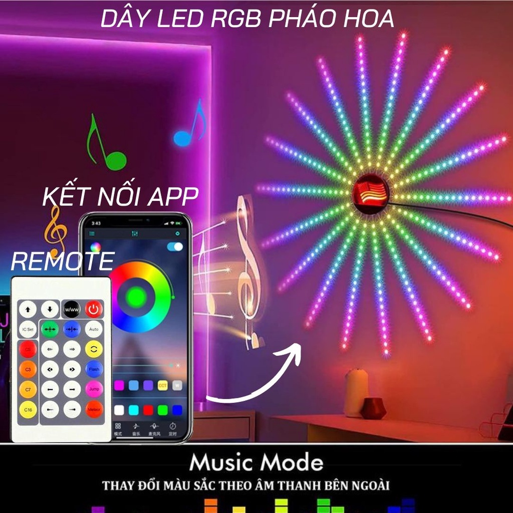 Đèn Led RGB Pháo Hoa, Trang Trí Decor Phòng, Cảm Biến Âm Thanh, Remote Điều Khiển - XS Store