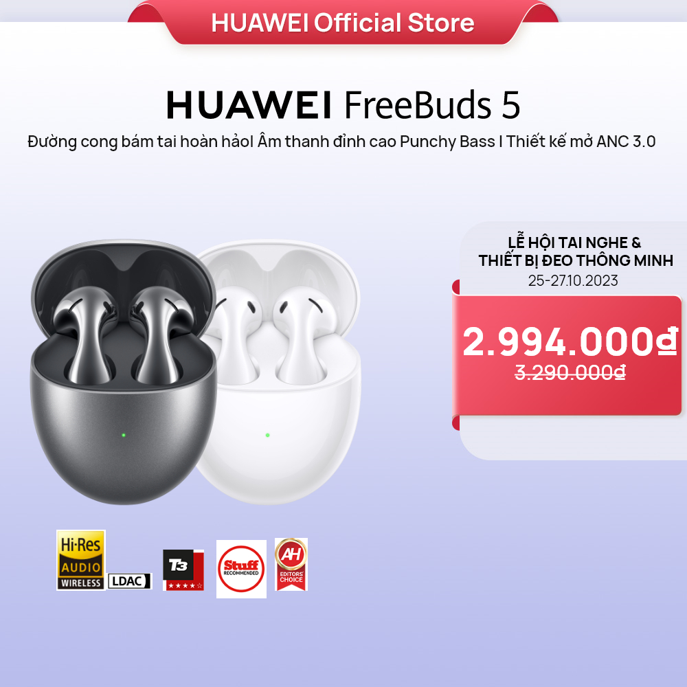 Tai Nghe Không Dây Huawei FreeBuds 5 | Đường cong bám tai hoàn hảo| Punchy Bass |ANC 3.0