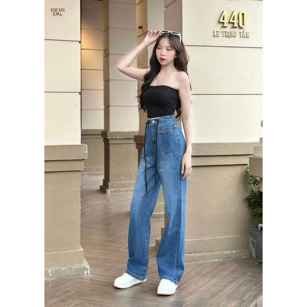 Quần jean baggy túi vuông dây đai phong cách cá tính năng động CHIBEST EQC101