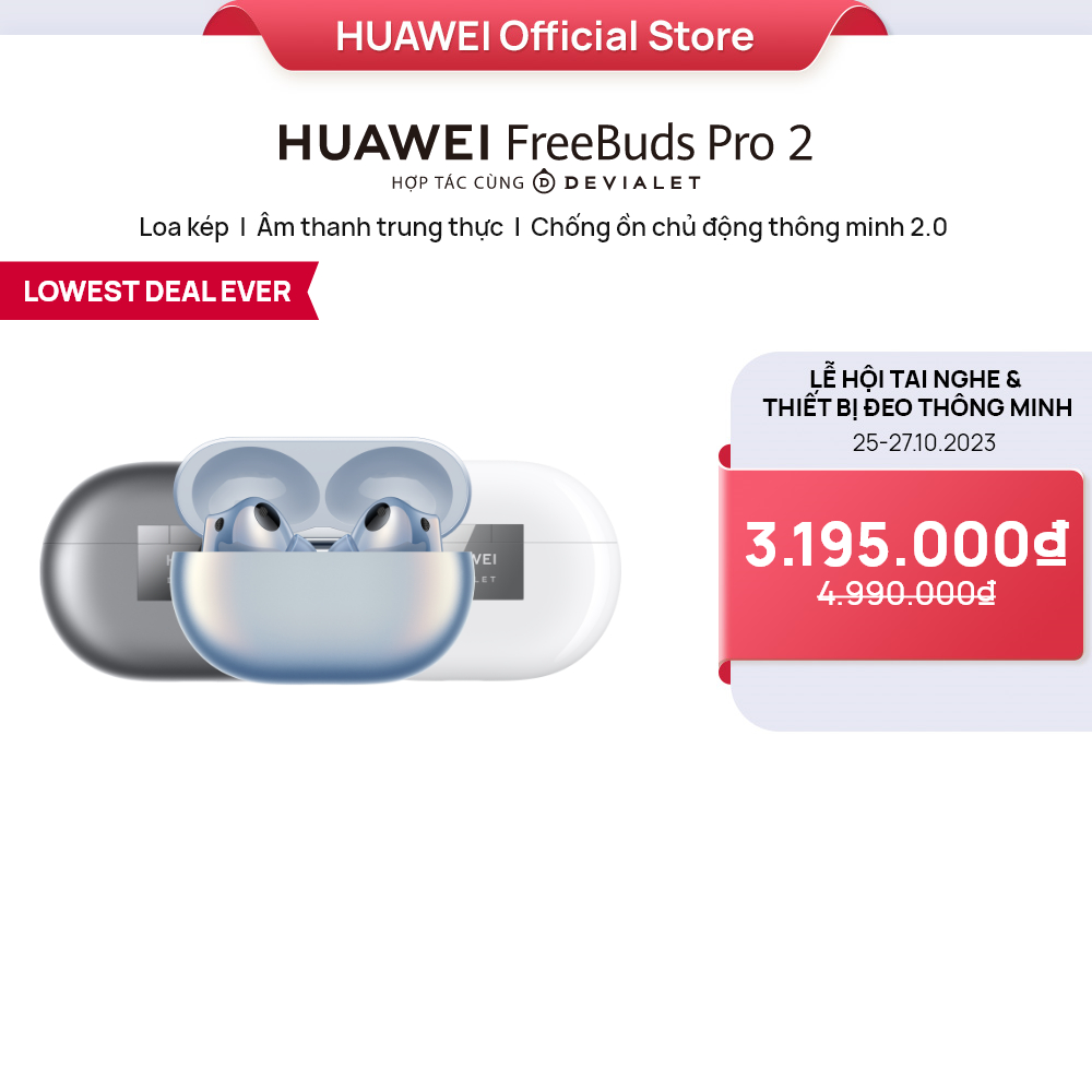 Tai nghe Bluetooth HUAWEI FreeBuds Pro 2 | Loa kép | Chống ồn chủ động thông minh 2.0